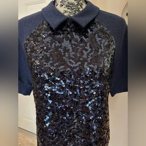 Kate Spade, blue sequined, short sleeve, knit top, size large.